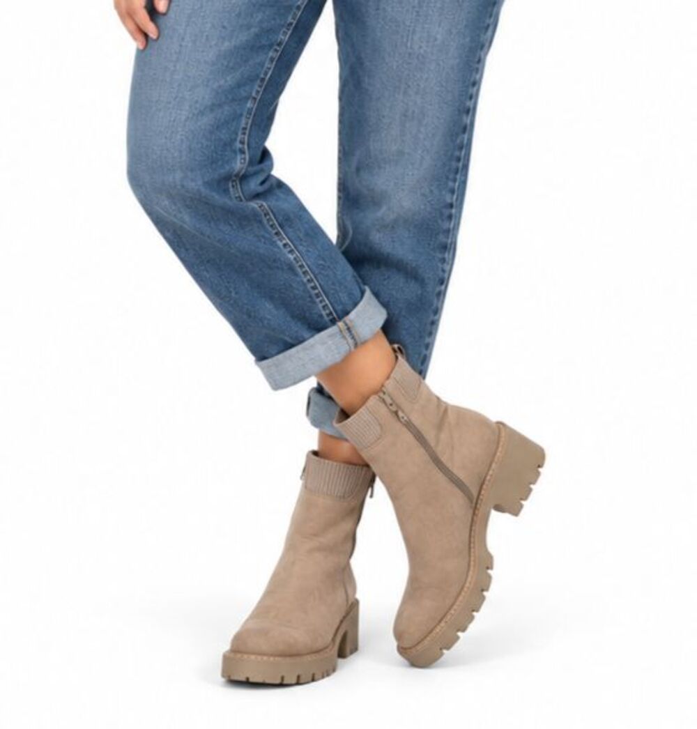 No Boundaries Women 10 Taupe Faux Suede Ankle Boots Lug Sole Memory Foam